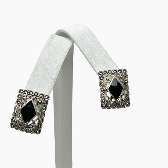 Earrings Silver Tone Filigree Faux Marcasite Black Stone Pierced Art Deco Style - Picture 2 of 8